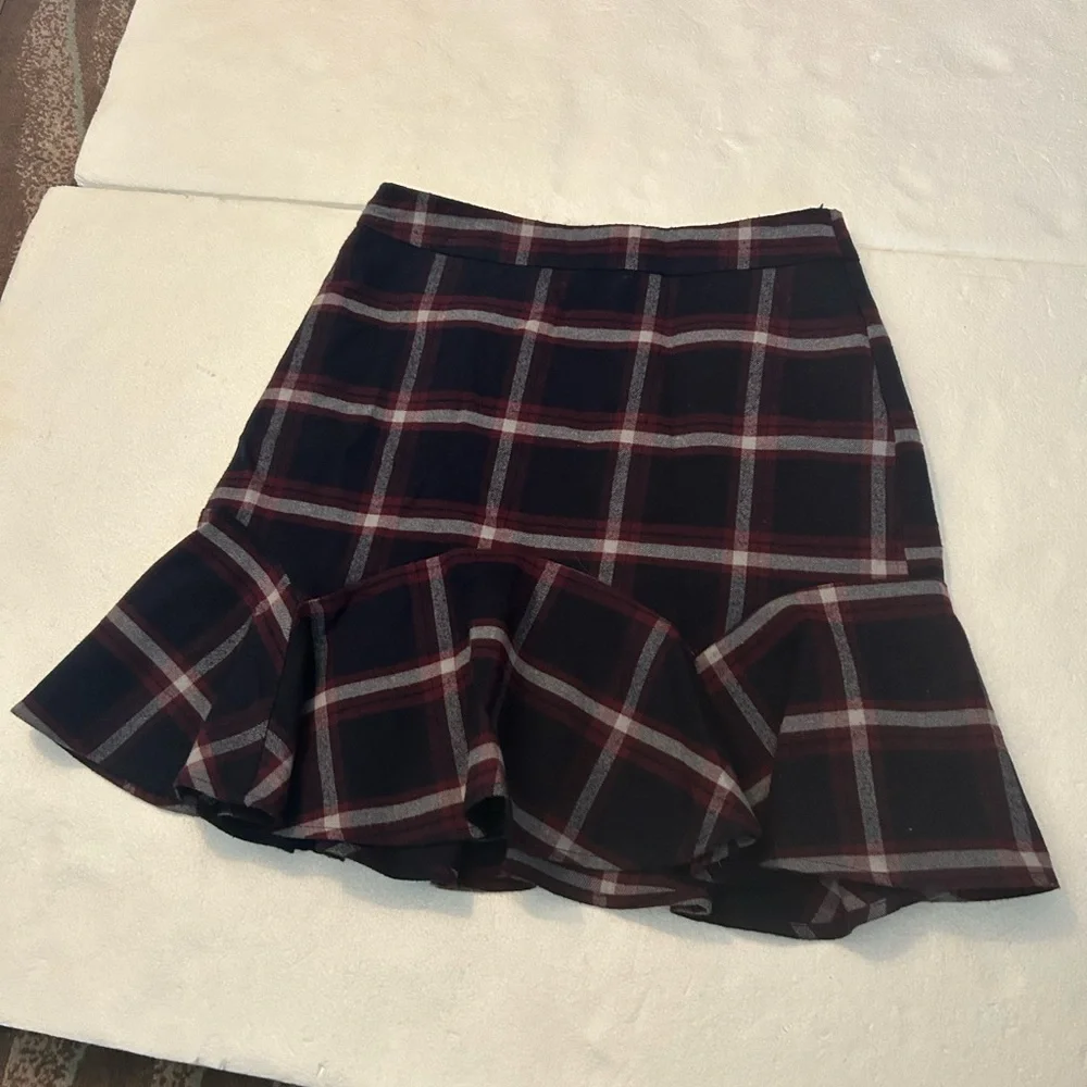 Oasis red blue white plaid mini skirt ruffled hem